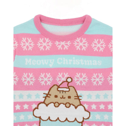 Pink-Blue - Side - Pusheen Girls Knitted Christmas Sweatshirt