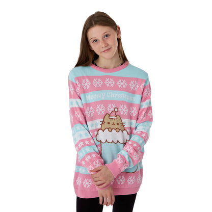 Pink-Blue - Close up - Pusheen Girls Knitted Christmas Sweatshirt