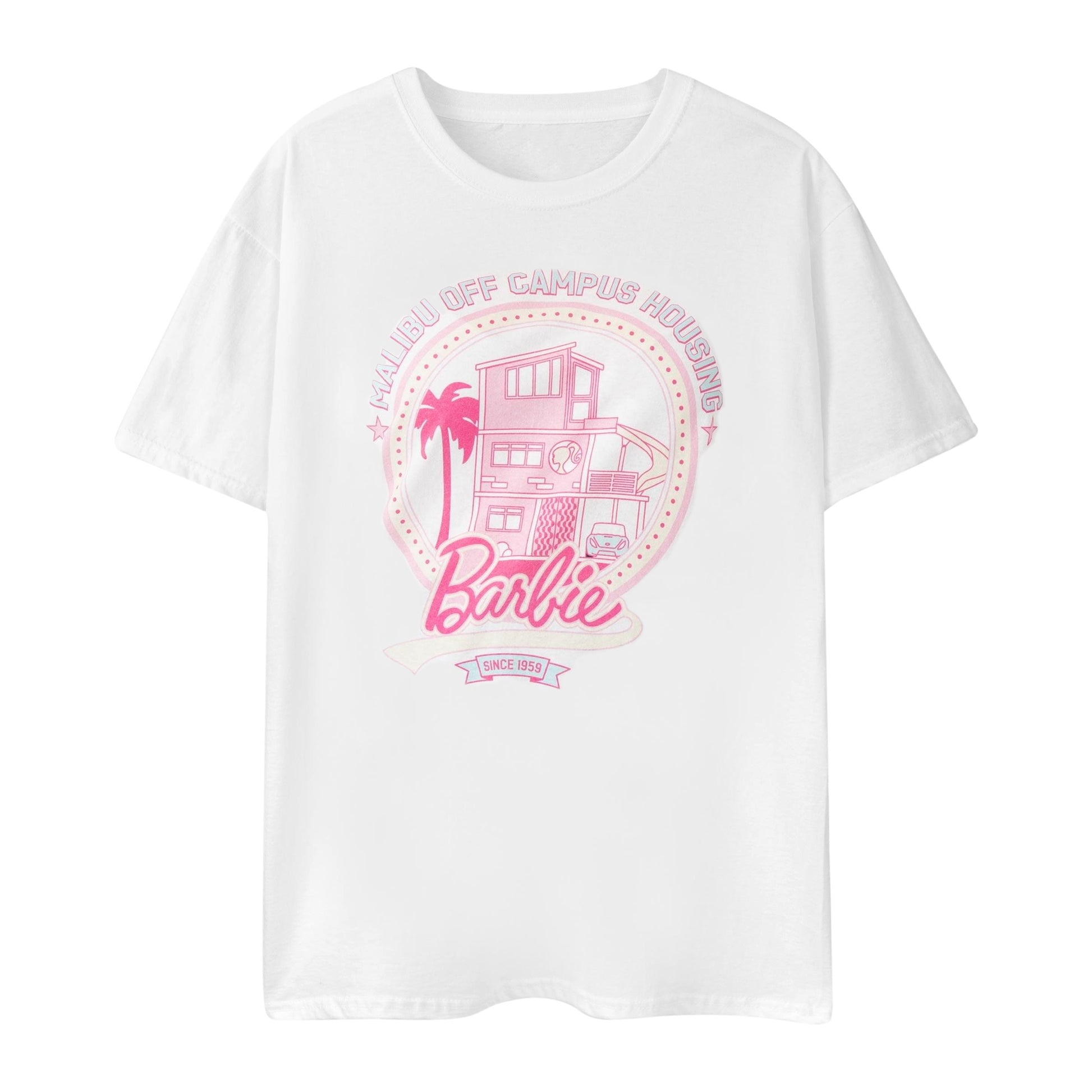 White - Front - Barbie Womens-Ladies Malibu Off Campus Housing Short-Sleeved T-Shirt