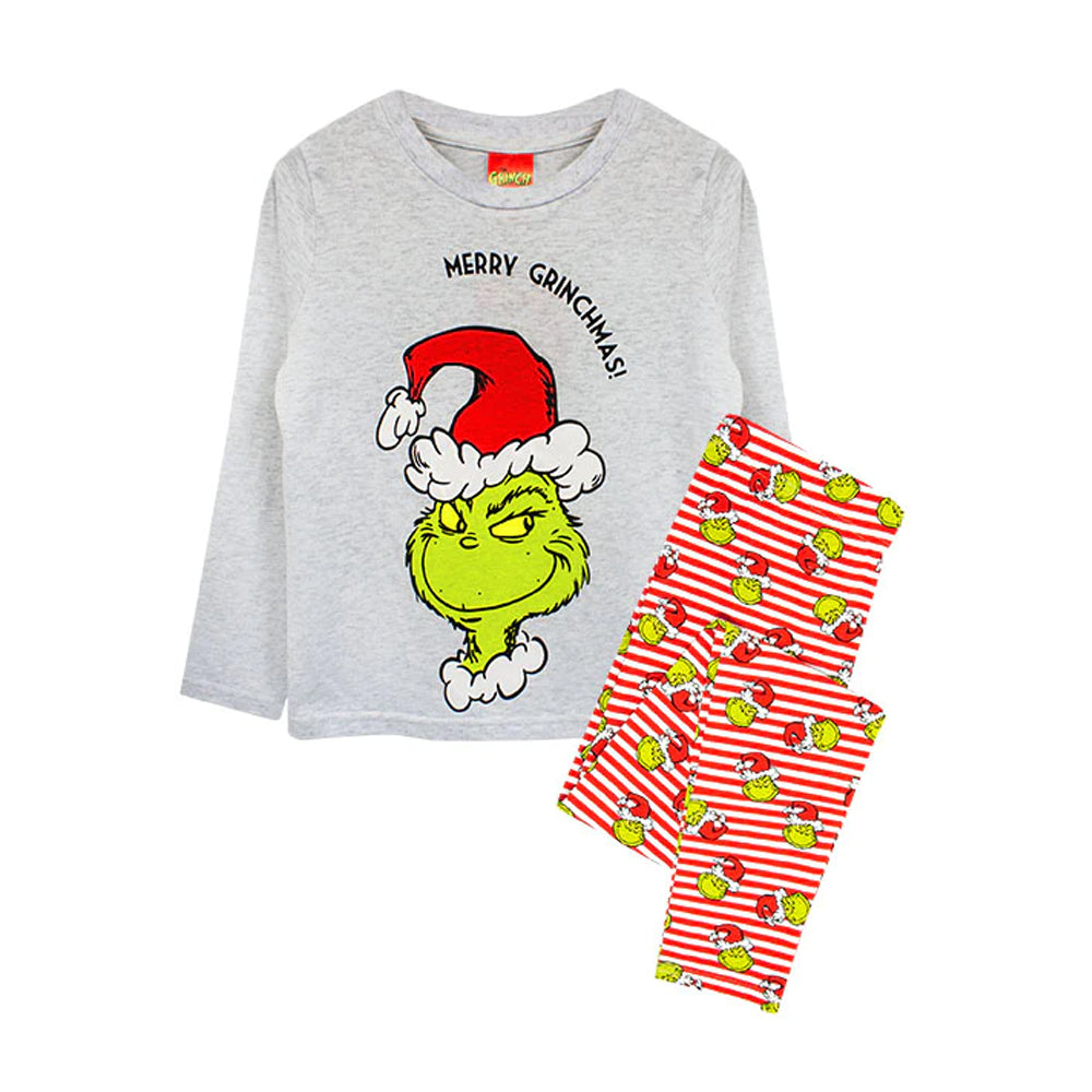 Grey-Red - Front - The Grinch Boys Merry Grinchmas Long Pyjama Set