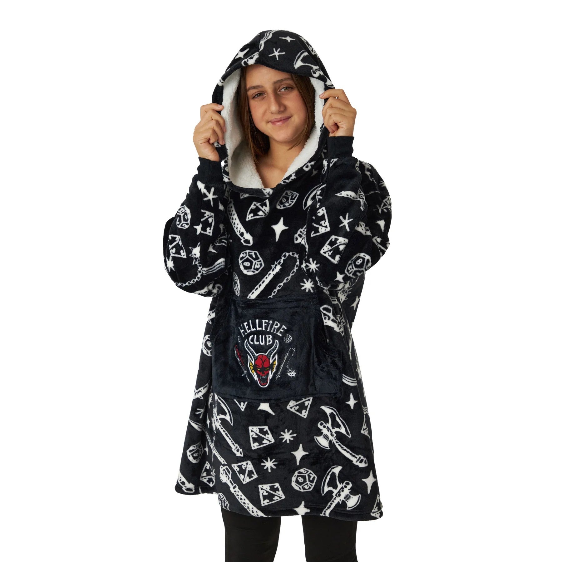 Black-White - Front - Stranger Things Childrens-Kids Hellfire Club Hoodie Blanket