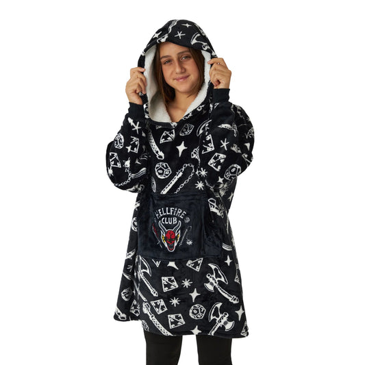 Black-White - Front - Stranger Things Childrens-Kids Hellfire Club Hoodie Blanket