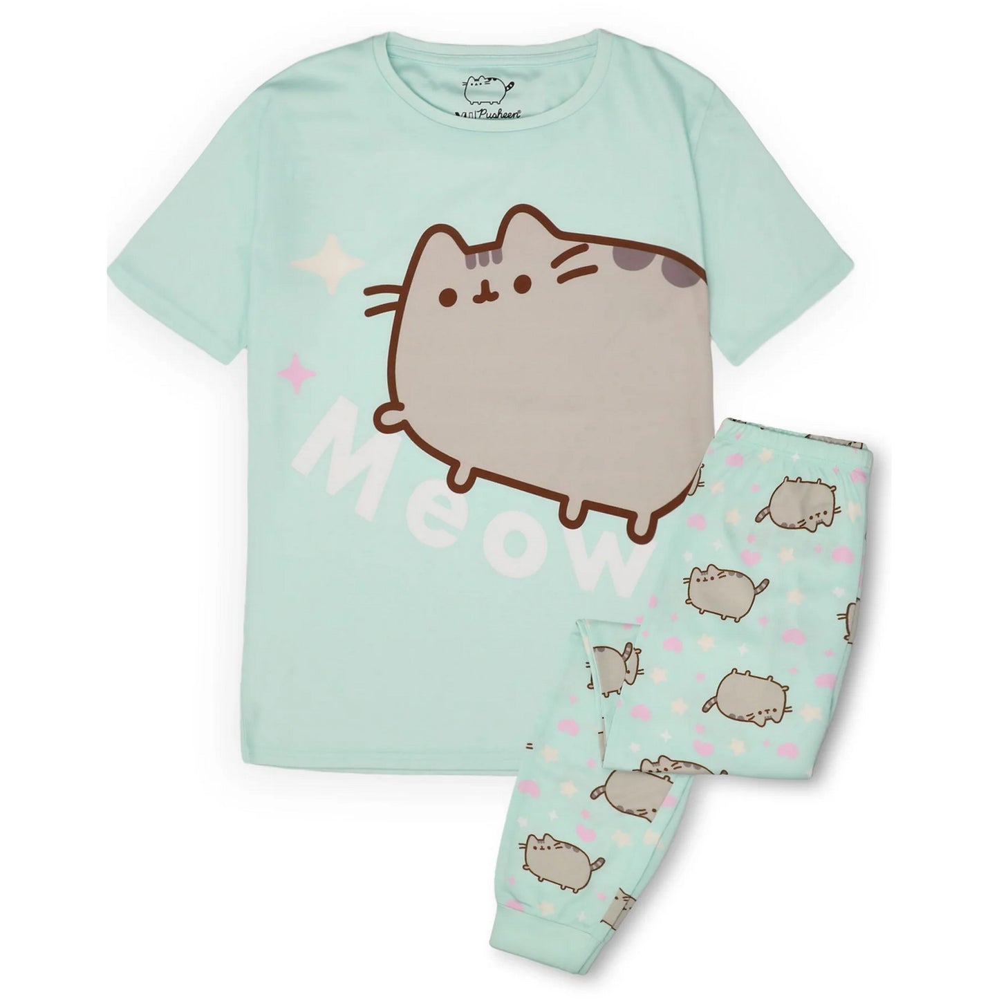 Green - Front - Pusheen Girls Meow Scatter Short-Sleeved Pyjama Set