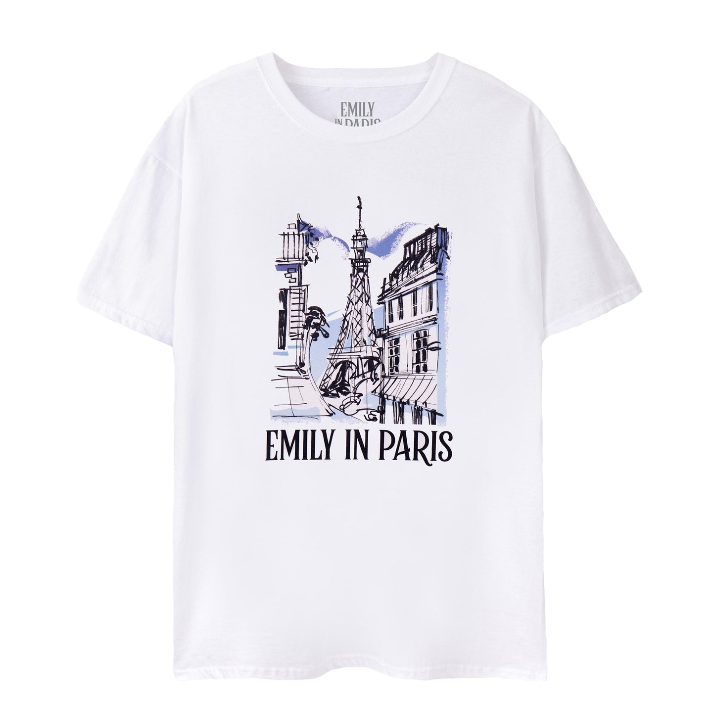 White - Front - Emily In Paris Womens-Ladies Sketchy Cityscape Short-Sleeved T-Shirt
