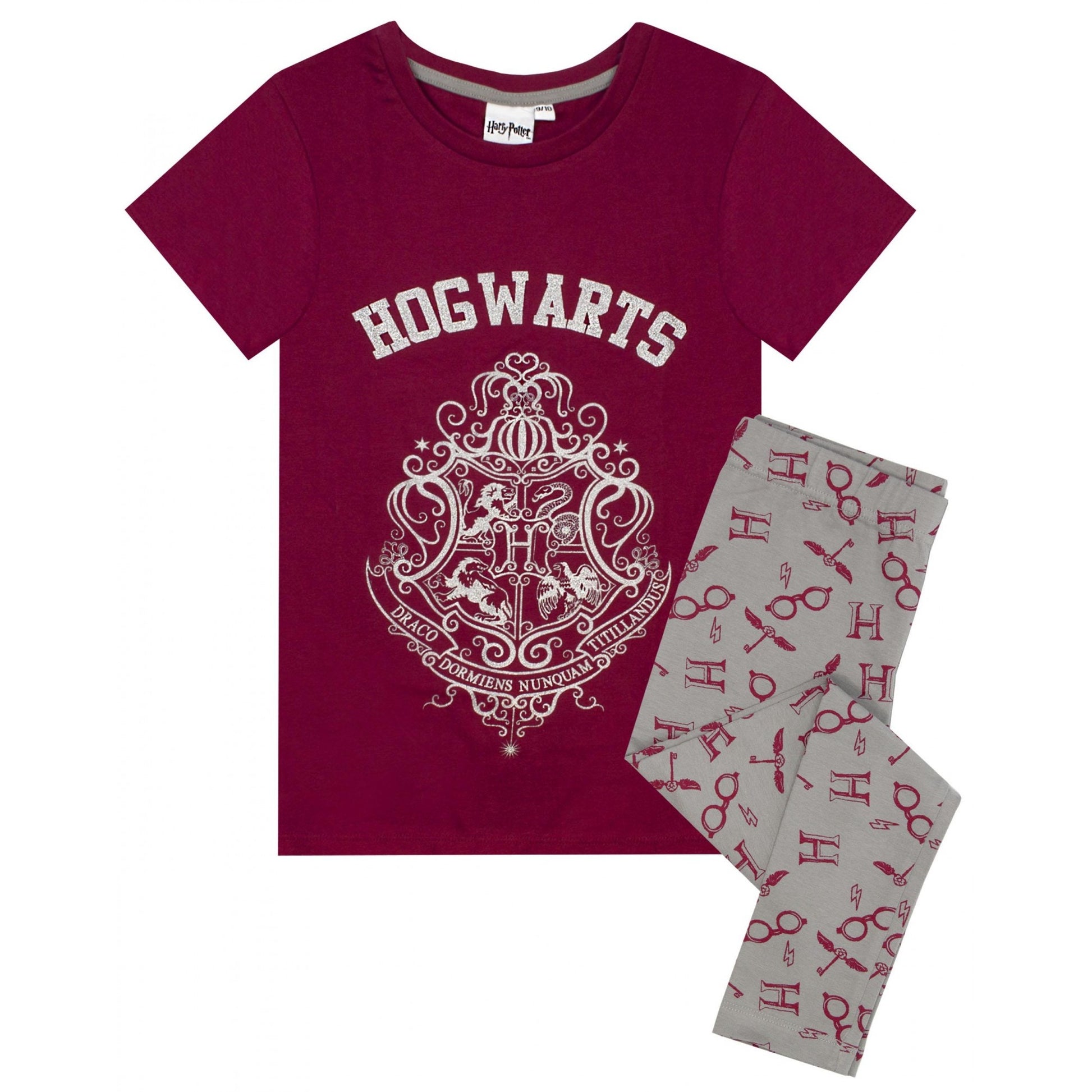 Red-Grey - Front - Harry Potter Girls Hogwarts Crest Glitter Pyjama Set