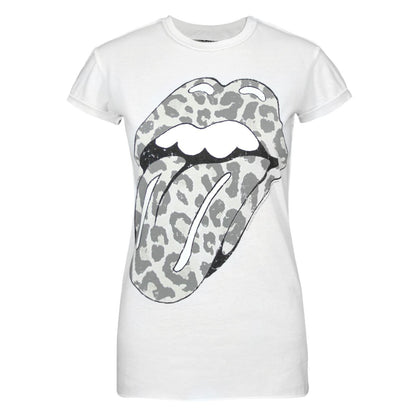 White - Front - Amplified Womens-Ladies Leopard Lick The Rolling Stones T-Shirt