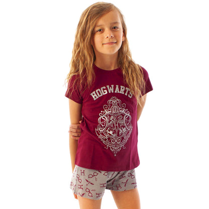 Red-Grey - Back - Harry Potter Girls Hogwarts Crest Glitter Short Pyjama Set