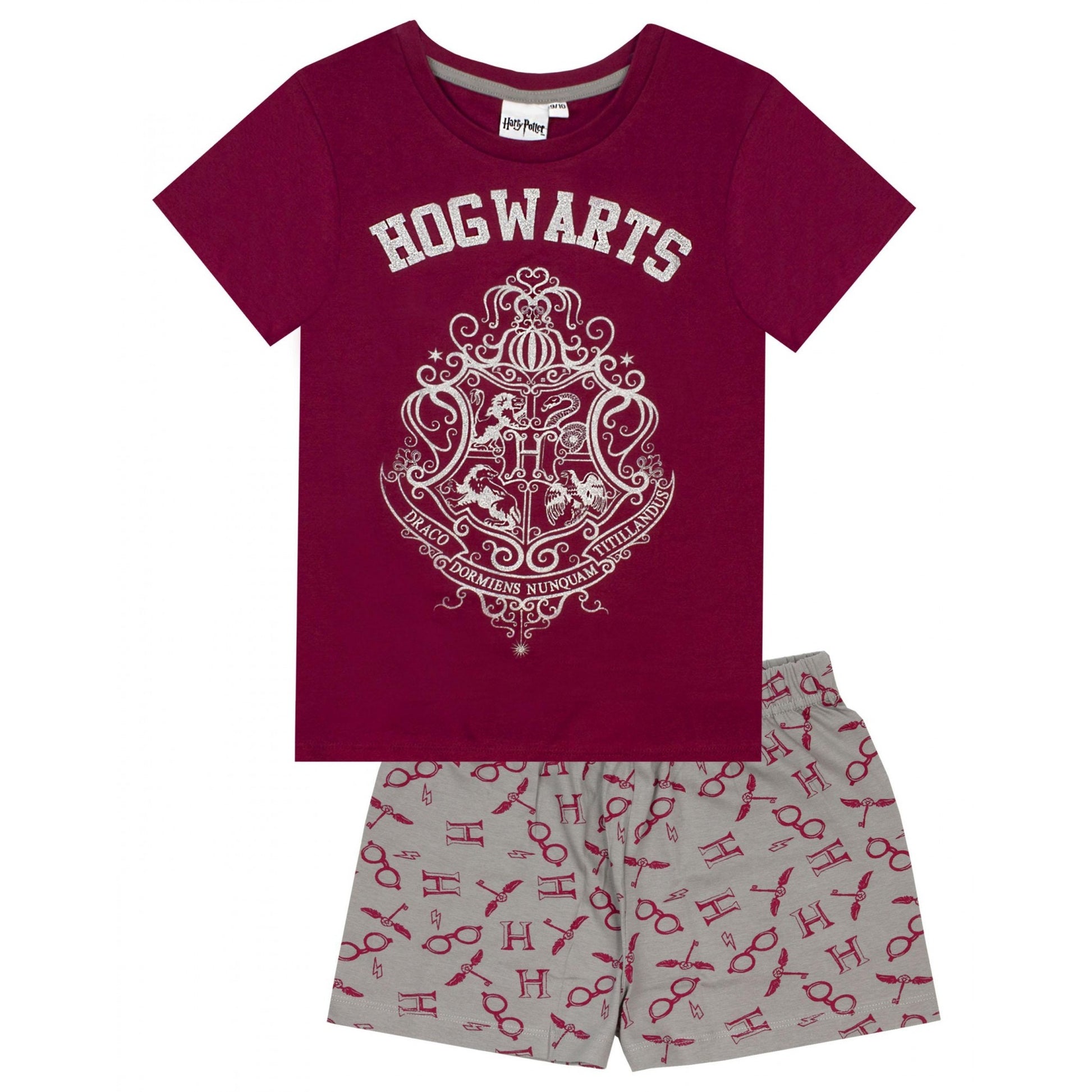 Red-Grey - Front - Harry Potter Girls Hogwarts Crest Glitter Short Pyjama Set