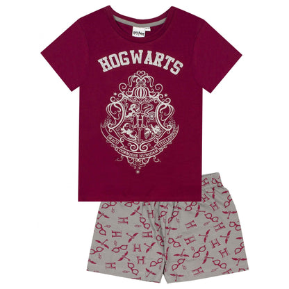 Red-Grey - Front - Harry Potter Girls Hogwarts Crest Glitter Short Pyjama Set