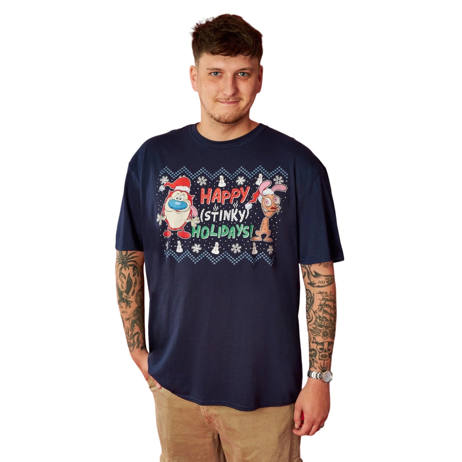 Navy - Back - Ren & Stimpy Mens Happy Stinky Holidays T-Shirt
