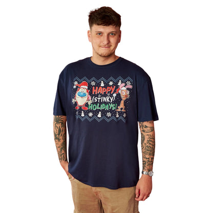 Navy - Back - Ren & Stimpy Mens Happy Stinky Holidays T-Shirt