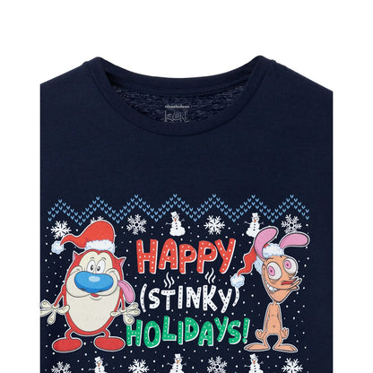 Navy - Side - Ren & Stimpy Mens Happy Stinky Holidays T-Shirt
