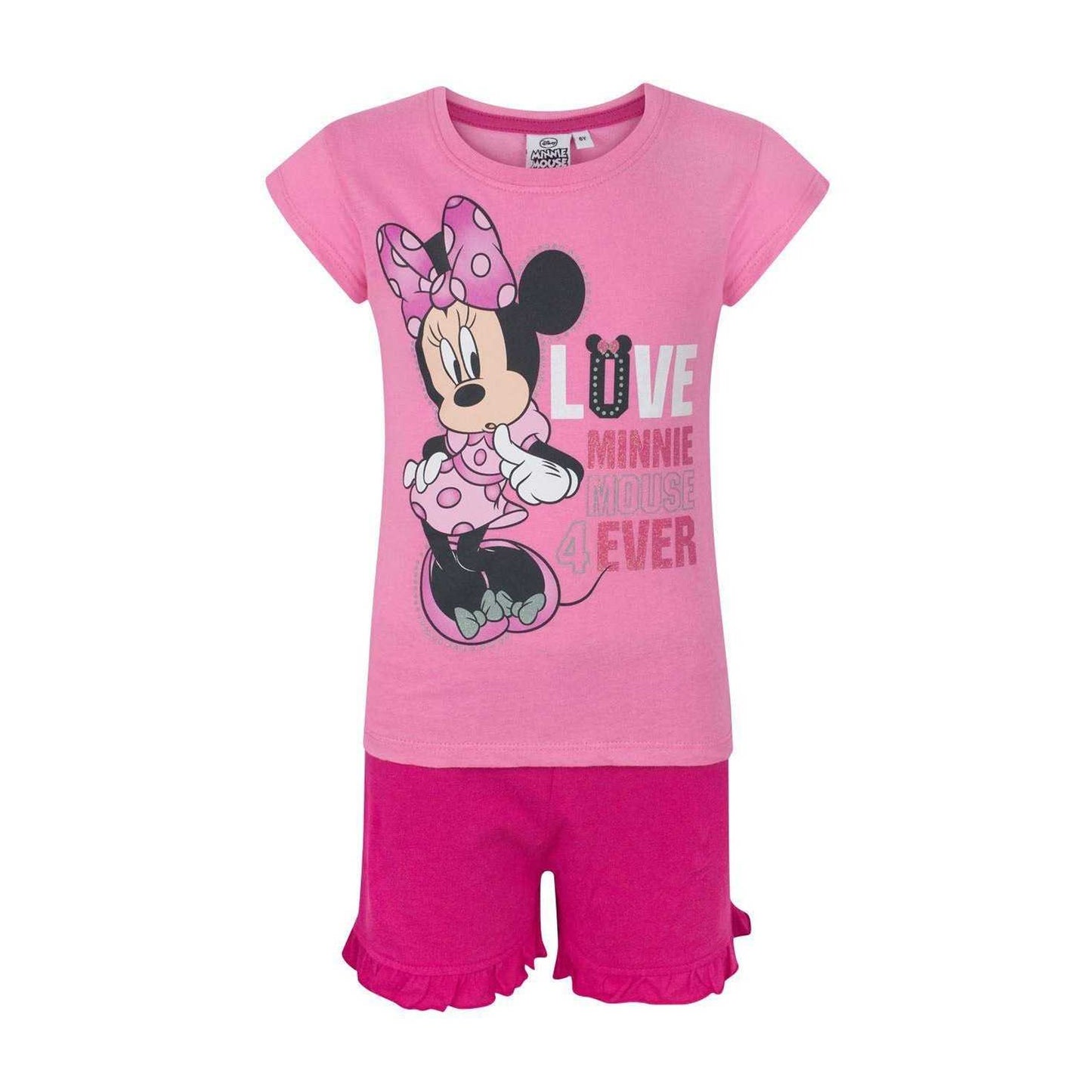 Bubblegum Pink-Hot Pink - Front - Disney Girls Forever Minnie Mouse Short Pyjama Set