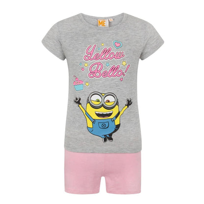 Grey Marl-Soft Pink - Front - Despicable Me Girls Yellow Bello! Minions Short Pyjama Set