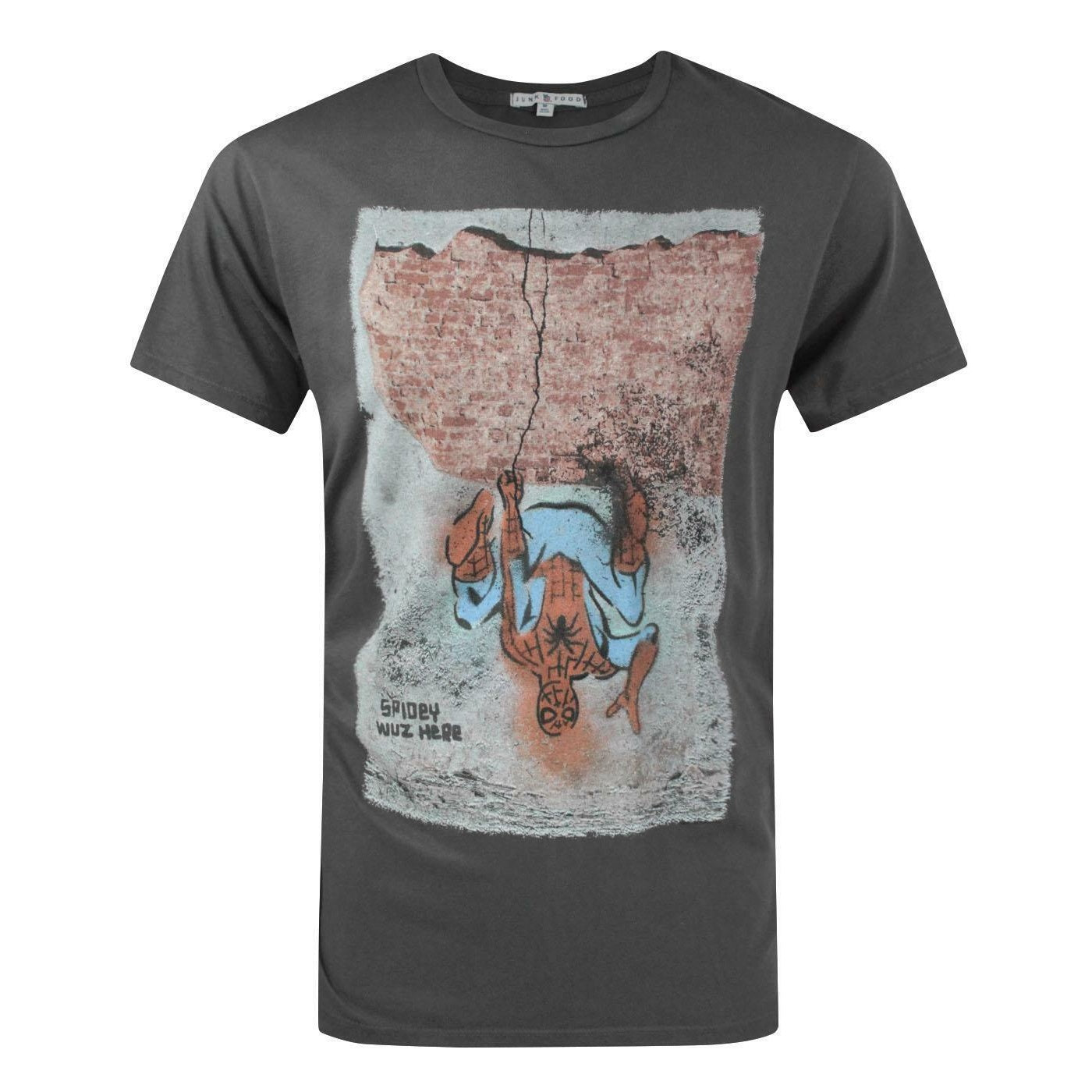 Charcoal - Front - Junk Food Mens Spidey Wuz Here Spider-Man T-Shirt