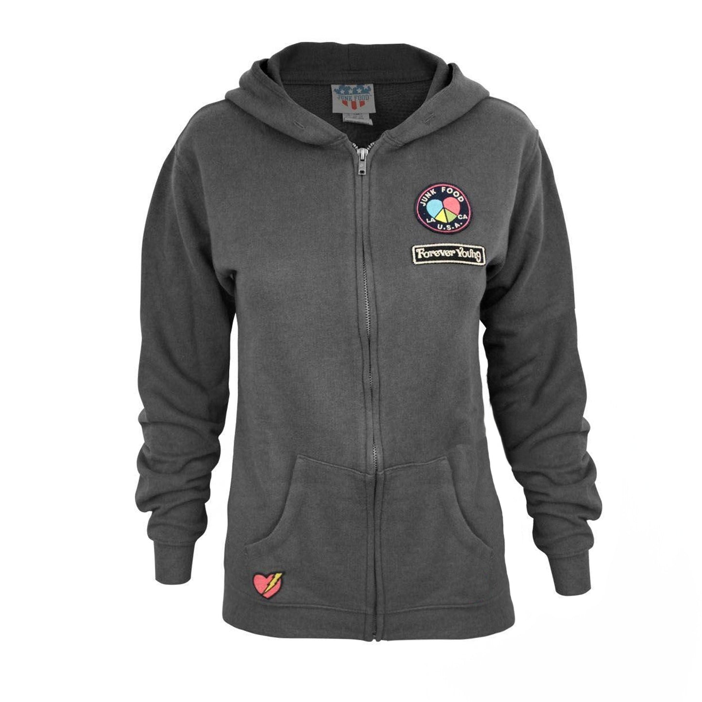 Charcoal - Front - Junk Food Womens-Ladies Forever Young Hoodie