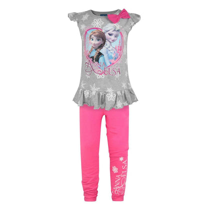 Pink-Grey Marl - Front - Frozen Girls Anna And Elsa Snowflake Top & Bottom Set