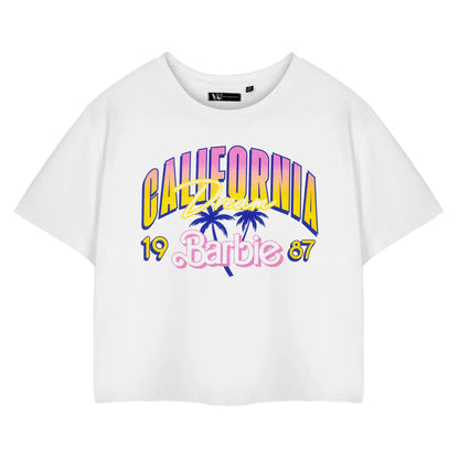 White - Front - Barbie Womens-Ladies California Dream Short-Sleeved Crop T-Shirt