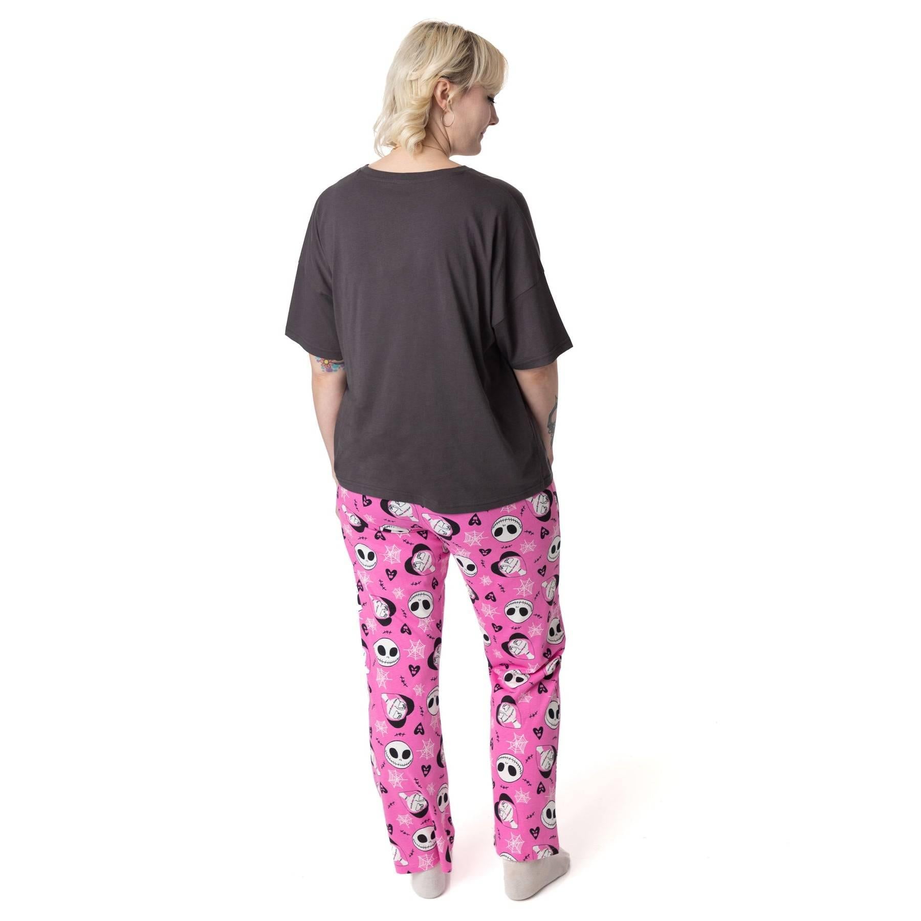 Black-Pink - Side - Nightmare Before Christmas Womens-Ladies Jack and Sally Short-Sleeved Long Pyjama Set