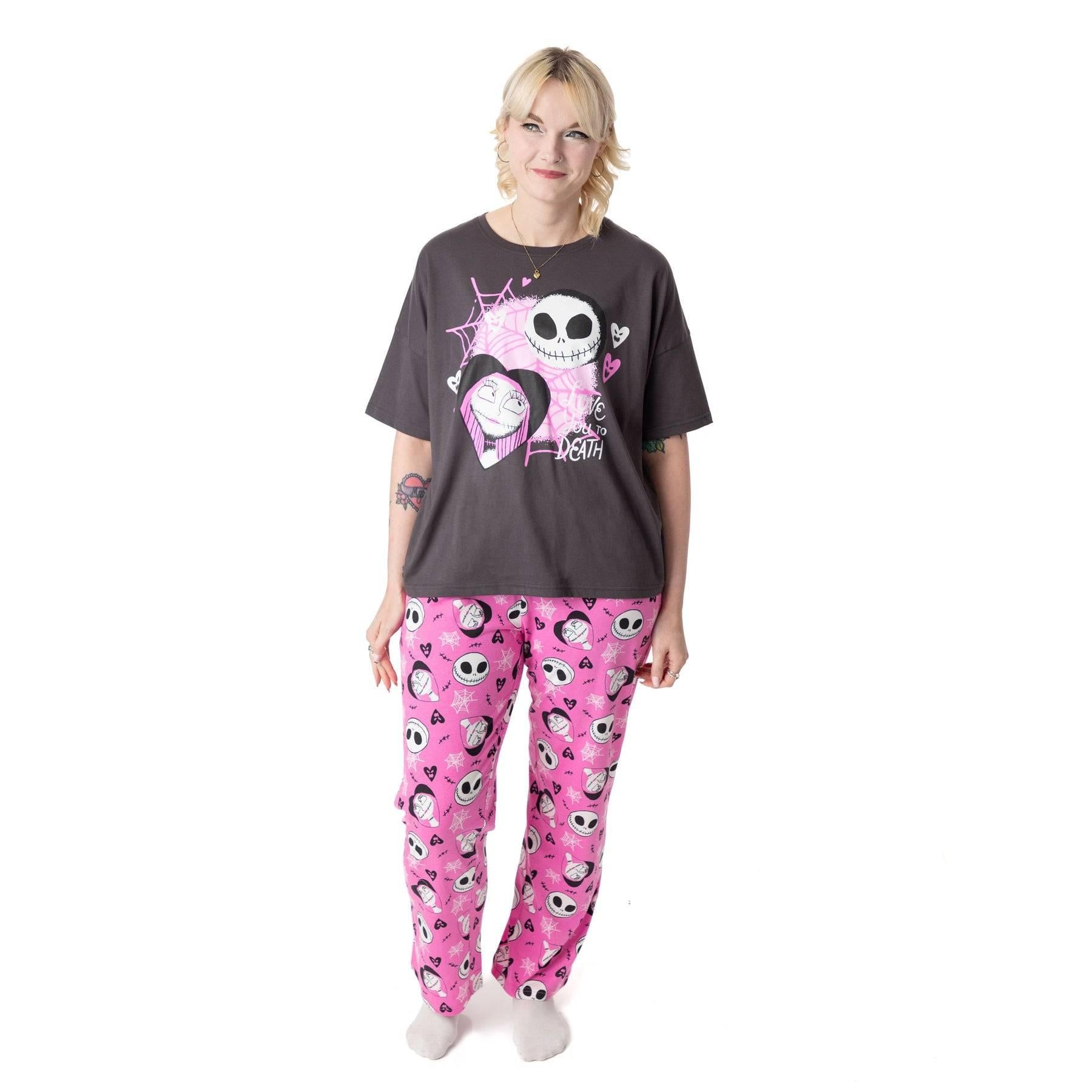 Black-Pink - Lifestyle - Nightmare Before Christmas Womens-Ladies Jack and Sally Short-Sleeved Long Pyjama Set