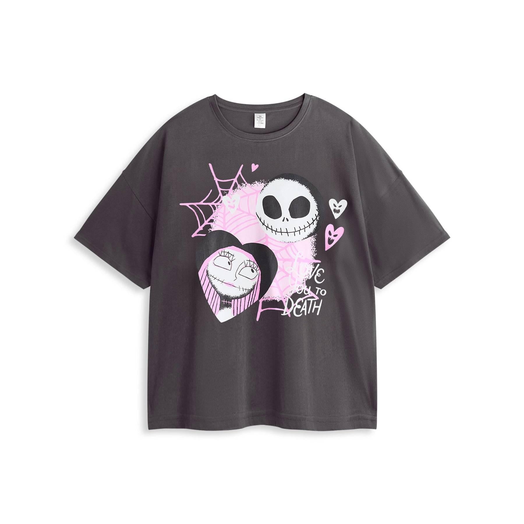 Black-Pink - Front - Nightmare Before Christmas Womens-Ladies Jack and Sally Short-Sleeved Long Pyjama Set