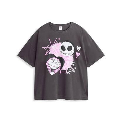 Black-Pink - Front - Nightmare Before Christmas Womens-Ladies Jack and Sally Short-Sleeved Long Pyjama Set