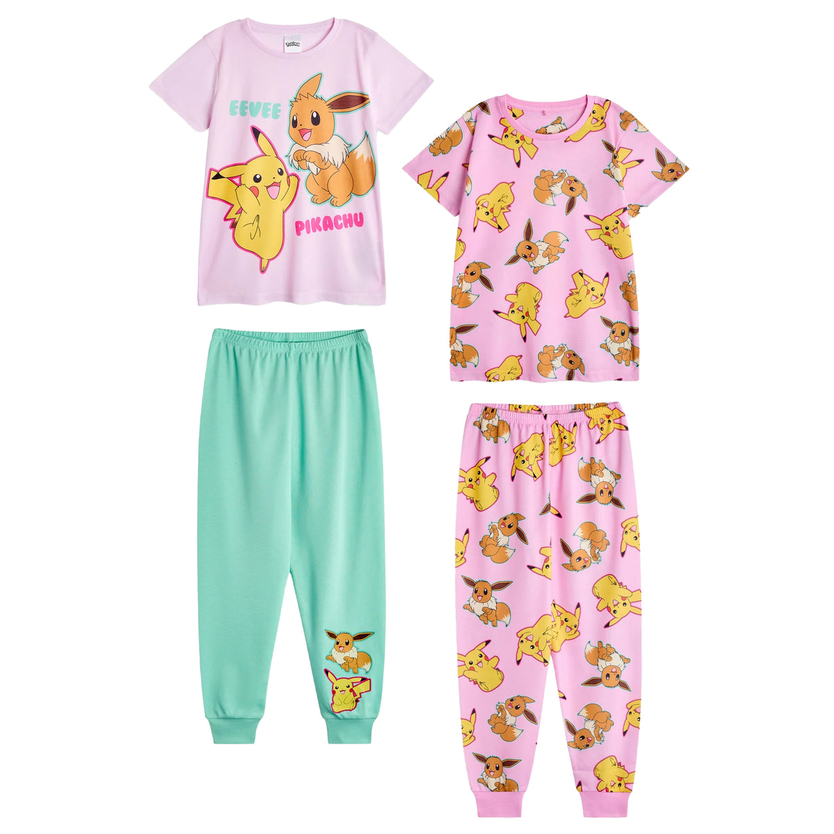 Pink-Blue - Front - Pokemon Girls Pikachu & Eevee Long Pyjama Set (Pack of 2)