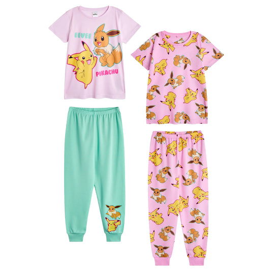 Pink-Blue - Front - Pokemon Girls Pikachu & Eevee Long Pyjama Set (Pack of 2)