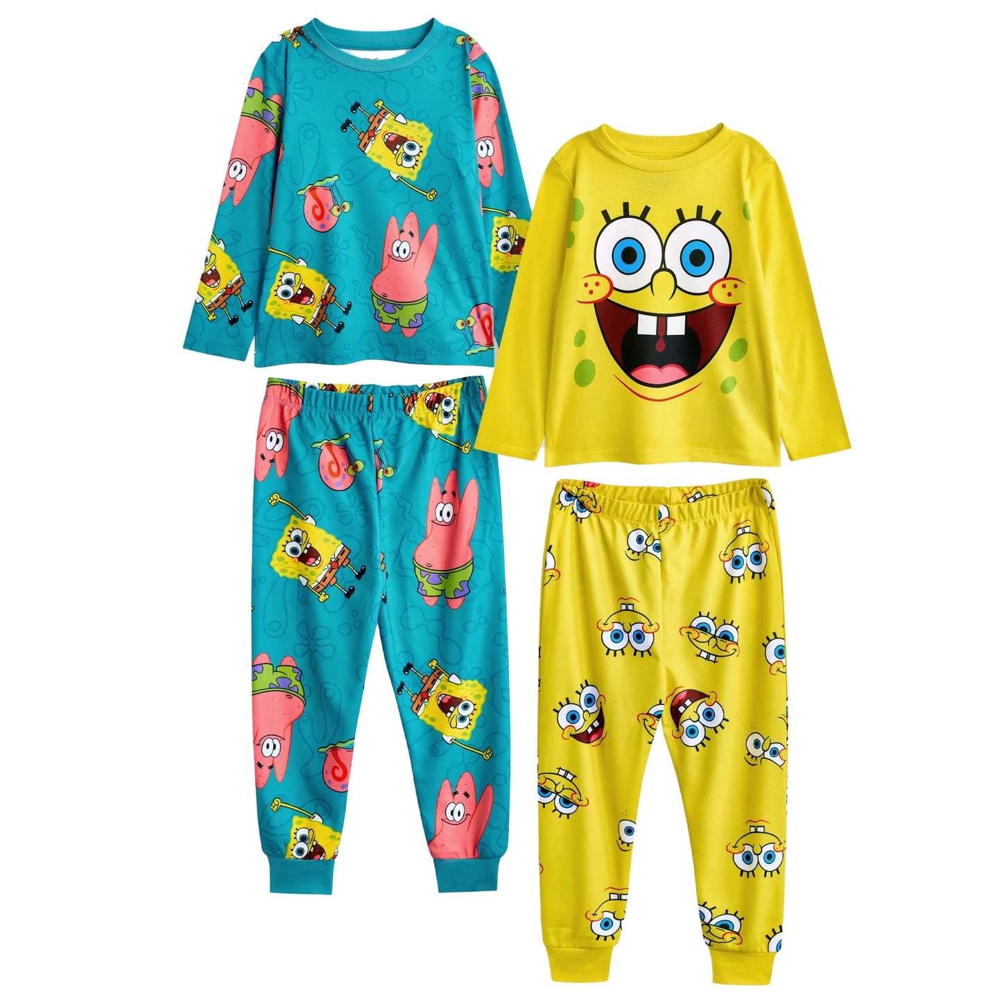 Multicoloured - Front - SpongeBob SquarePants Childrens-Kids Big Face All-Over Print Long Pyjama Set (Pack of 2)