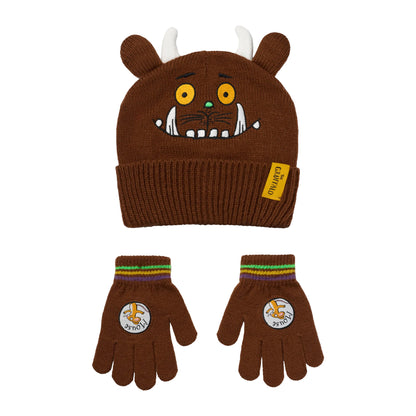 Brown - Front - The Gruffalo Childrens-Kids Face Beanie & Gloves Set