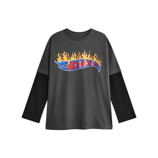 Grey - Front - Hot Wheels Boys Flame Logo Long-Sleeved T-Shirt