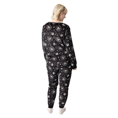 Black-White - Back - The Nightmare Before Christmas Womens-Ladies Star Fleece Long Pyjama Set