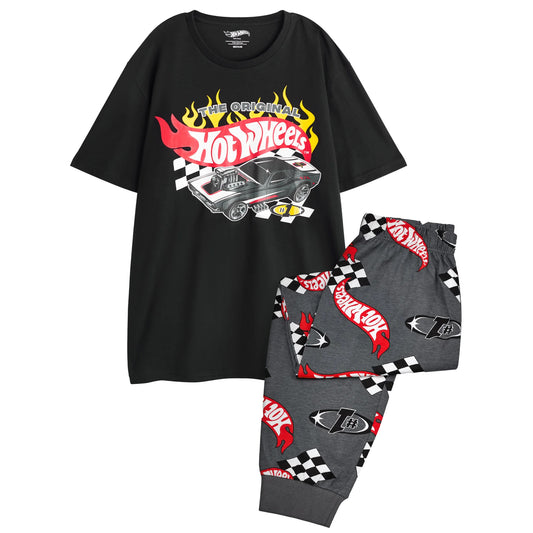 Black-Grey - Front - Hot Wheels Mens The Original Long Leg Short-Sleeved Pyjama Set