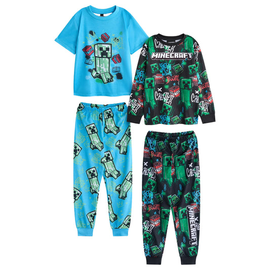 Blue-Black-Green - Front - Minecraft Boys Creeper Long Pyjama Set (Pack of 2)