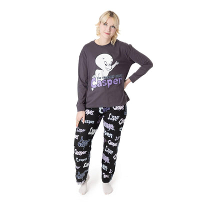 Grey-Black - Front - Casper Womens-Ladies Character Long-Sleeved Long Pyjama Set