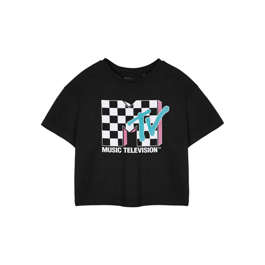 Black - Front - MTV Womens-Ladies Checkerboard Logo Short-Sleeved Crop T-Shirt