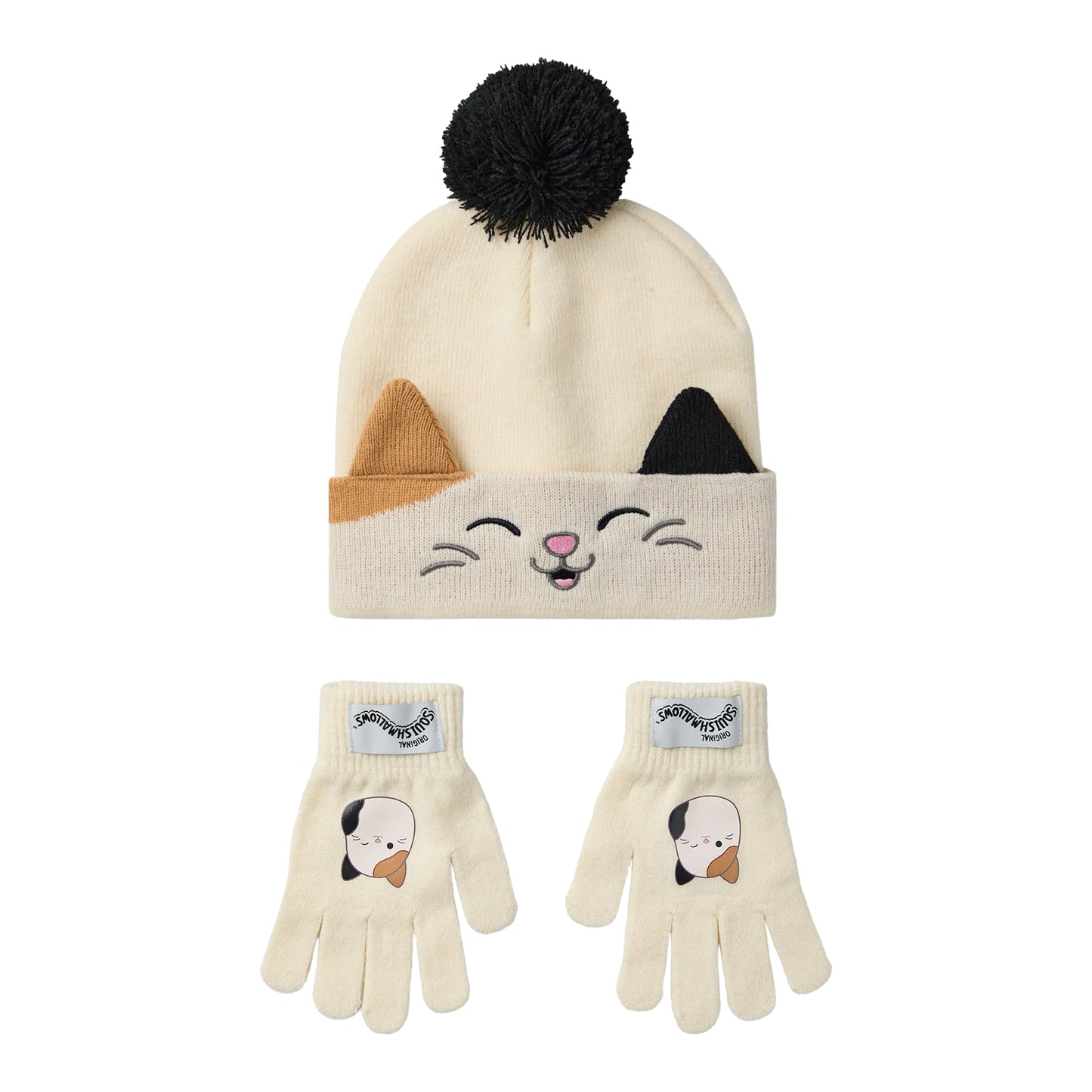 Beige - Front - Squishmallows Girls Cam The Cat Beanie & Gloves Set