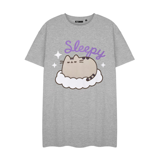 Grey Marl - Front - Pusheen Womens-Ladies Sleepy Short-Sleeved Nightie