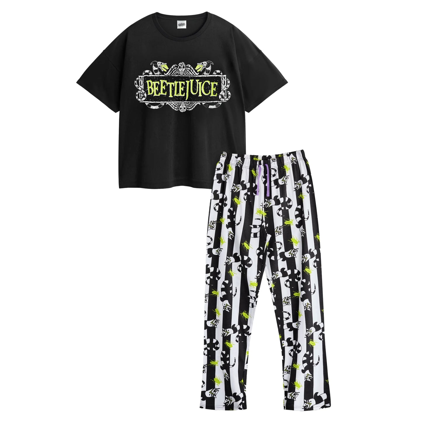 Black-White - Front - Beetlejuice Womens-Ladies Logo Short-Sleeved Long Pyjama Set