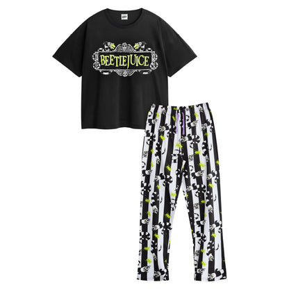 Black-White - Front - Beetlejuice Womens-Ladies Logo Short-Sleeved Long Pyjama Set