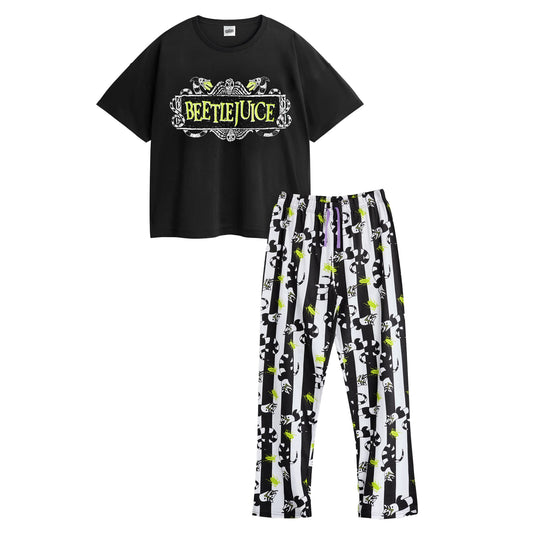 Black-White - Front - Beetlejuice Womens-Ladies Logo Short-Sleeved Long Pyjama Set