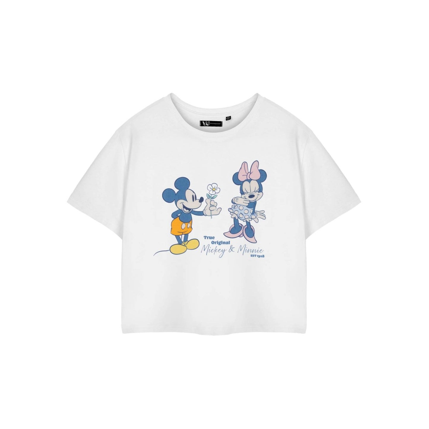White - Front - Disney Womens-Ladies True Original Mickey & Minnie Mouse Short-Sleeved Crop T-Shirt