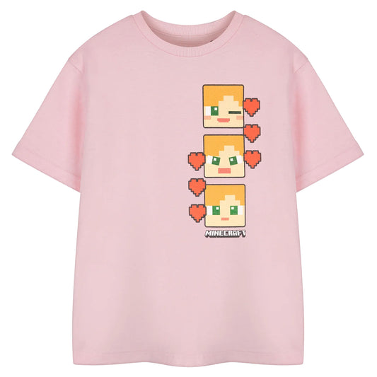 Pink - Front - Minecraft Girls Pixel Hearts Short-Sleeved T-Shirt
