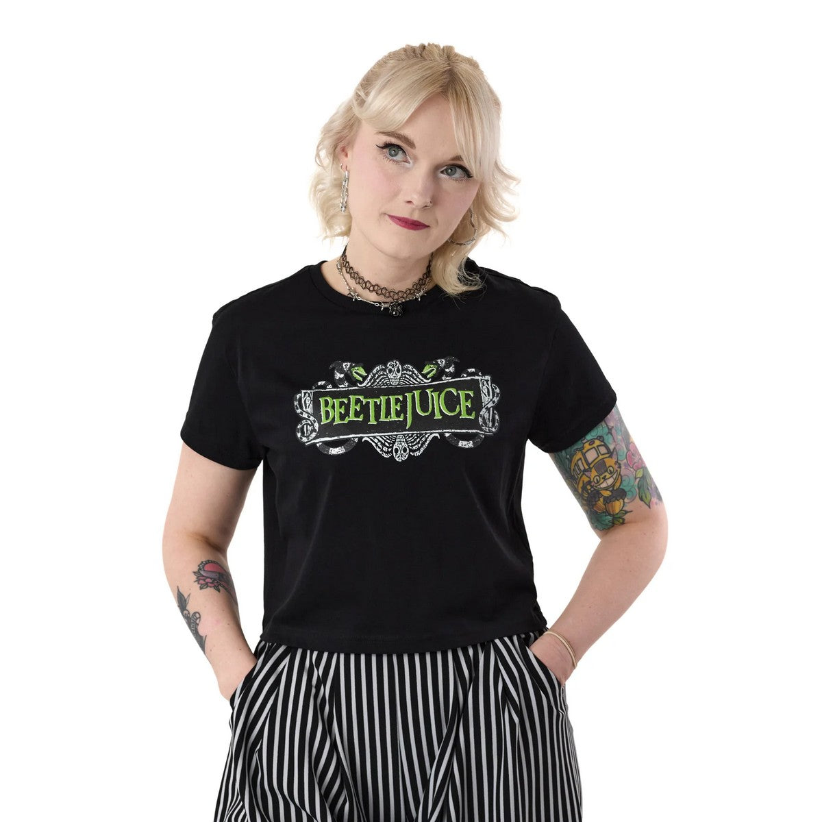 Black - Back - Beetlejuice Womens-Ladies Logo Crop Top