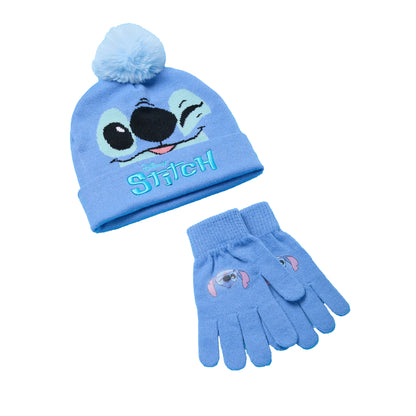 Blue - Back - Lilo & Stitch Girls Character Face Beanie & Gloves Set