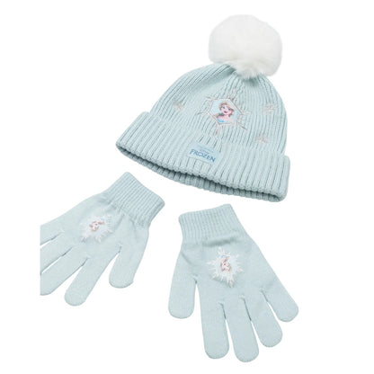 Blue - Back - Frozen Girls Elsa Beanie & Gloves Set