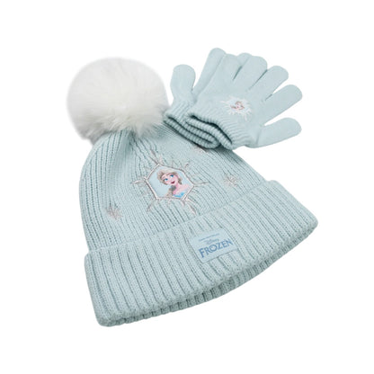 Blue - Side - Frozen Girls Elsa Beanie & Gloves Set