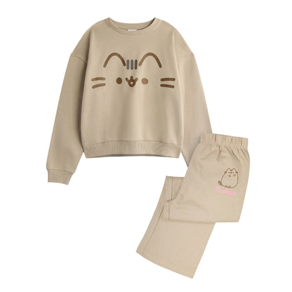 Beige - Front - Pusheen Girls Big Face Sweatshirt & Jogging Bottoms