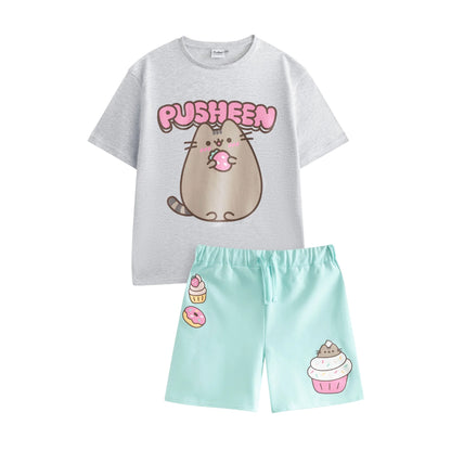Grey Solid - Front - Pusheen Girls Sweet Bubble T-Shirt & Shorts Set