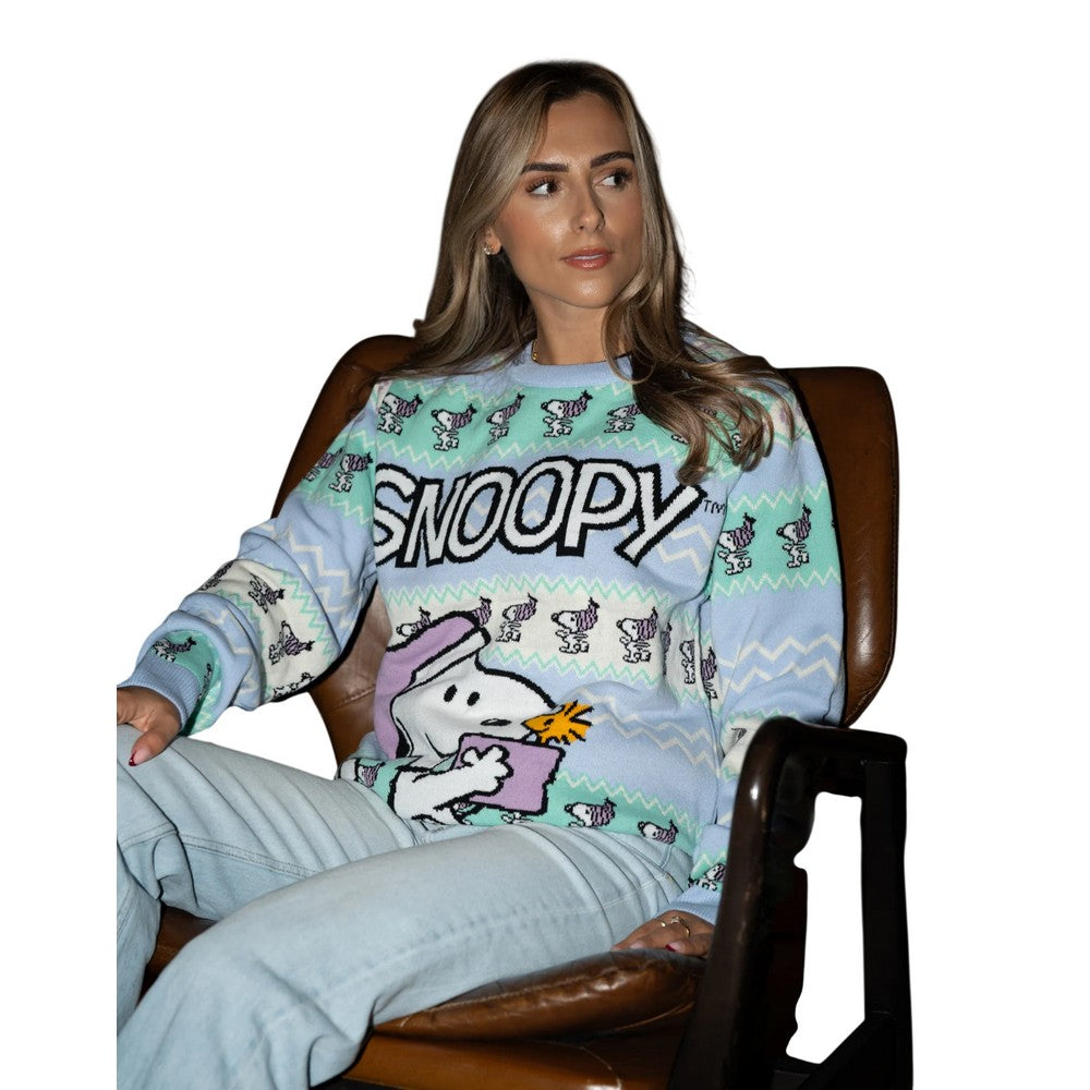 Blue - Side - Peanuts Womens-Ladies Snoopy Christmas Jumper